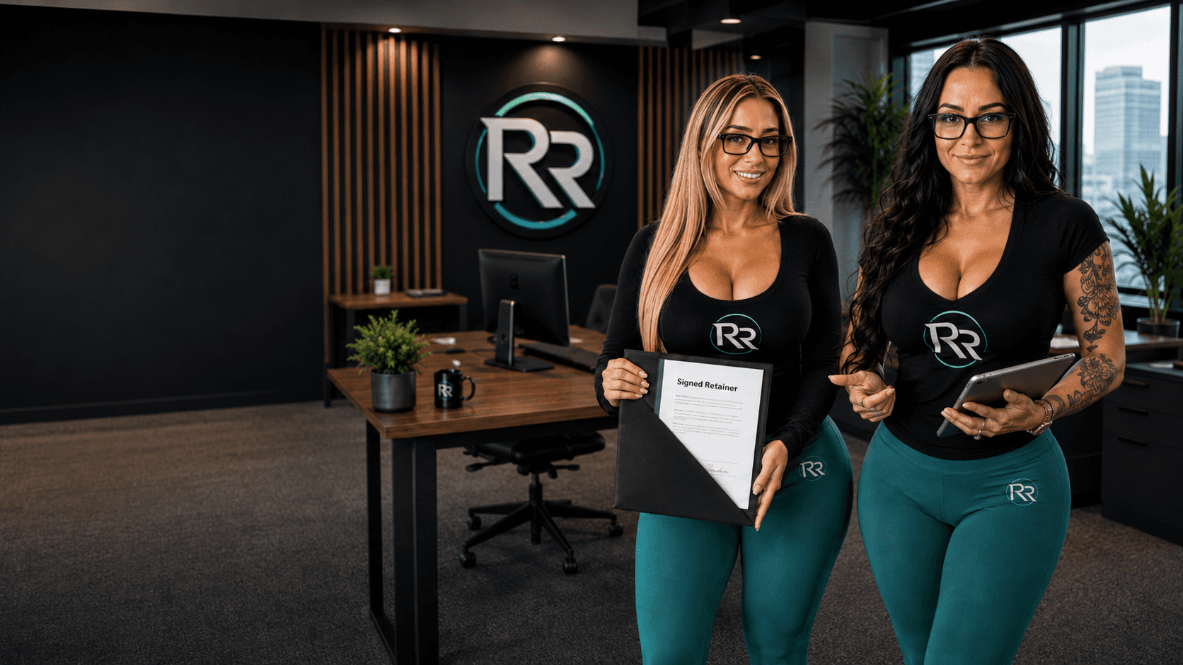 Retainer Reach team holding a signed retainer in a modern personal injury law office